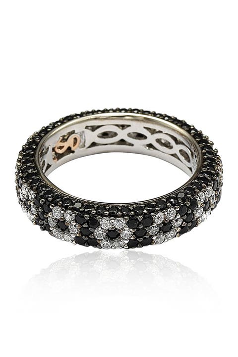 Sterling Silver Black & White Cubic Zirconia Flower Eternity Band Ring