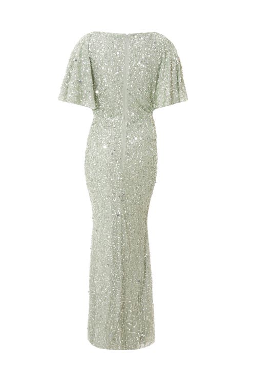Quiz Sequin Batwing Maxi Dress In Sage