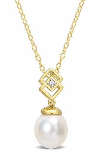 Goldtone Plate Sterling Silver 8-9mm South Sea Freshwater Pearl & White Topaz Pendant Necklace