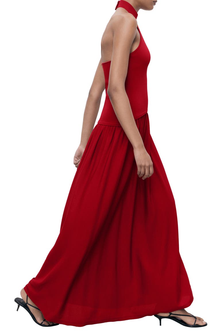 Halter Mixed Media Dress, Alternate, color, RED