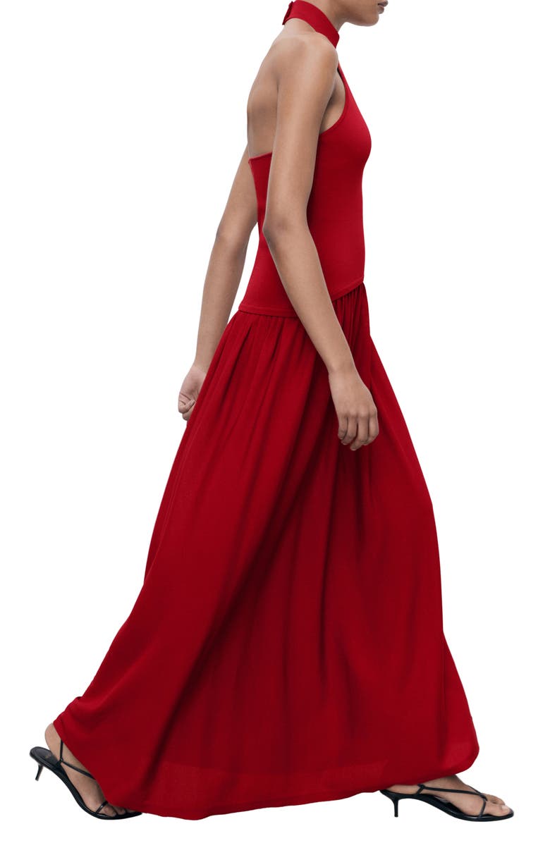 MANGO Halter Mixed Media Dress, Alternate, color, Red