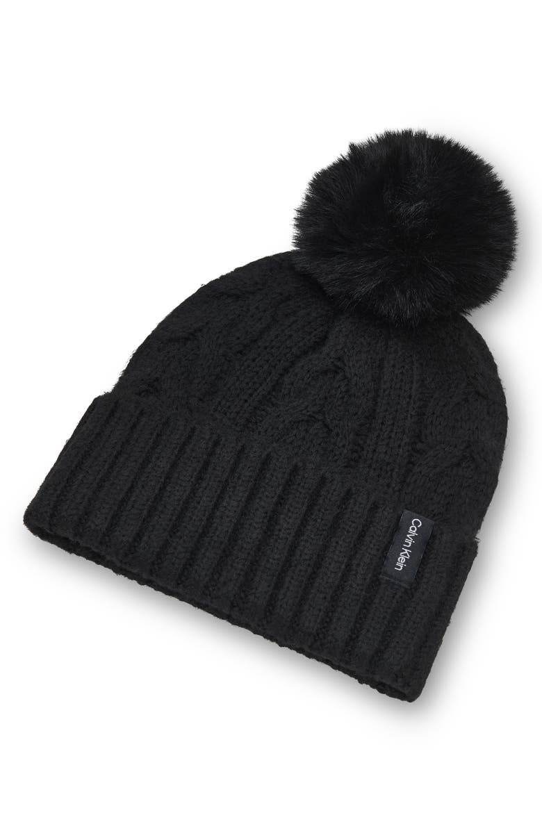 Calvin Klein Faux Fur Pompom Beanie, Alternate, color, Black