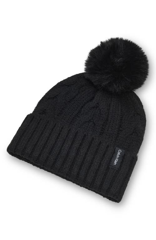 Calvin Klein Faux Fur Pompom Beanie In Black