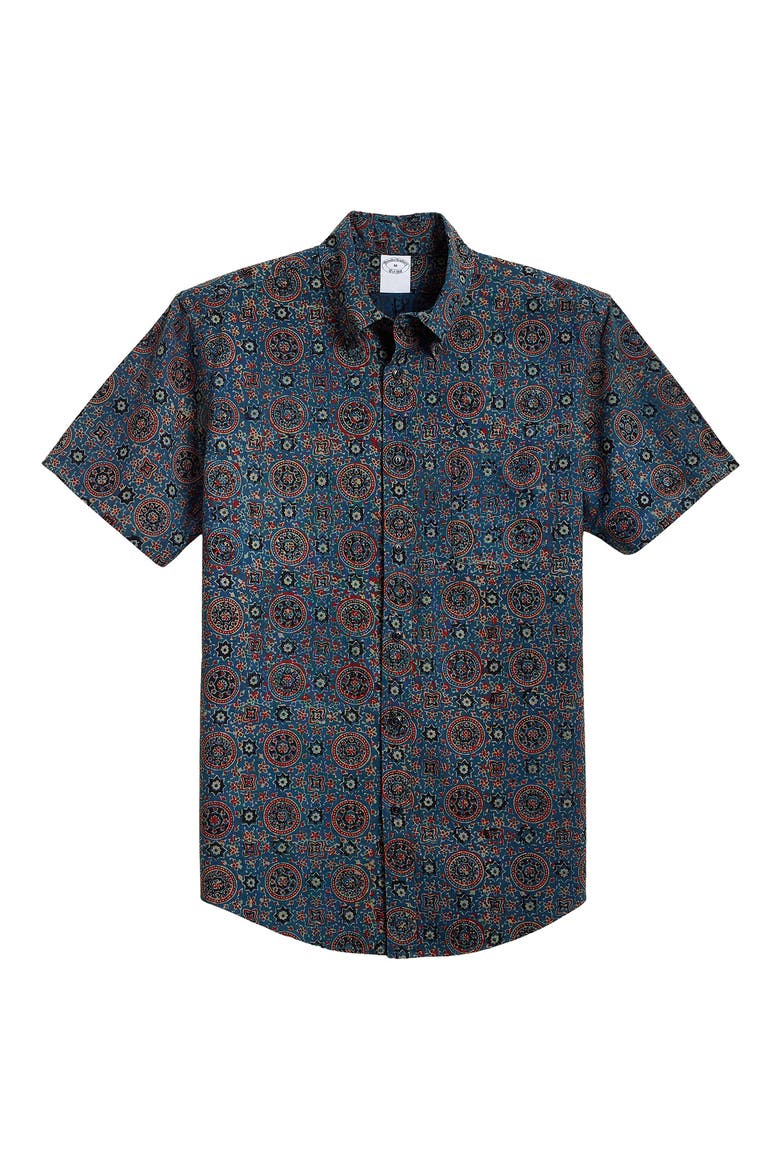 Medallion Print Short Sleeve Cotton Button-Down Shirt, Alternate, color, BLUESPICE