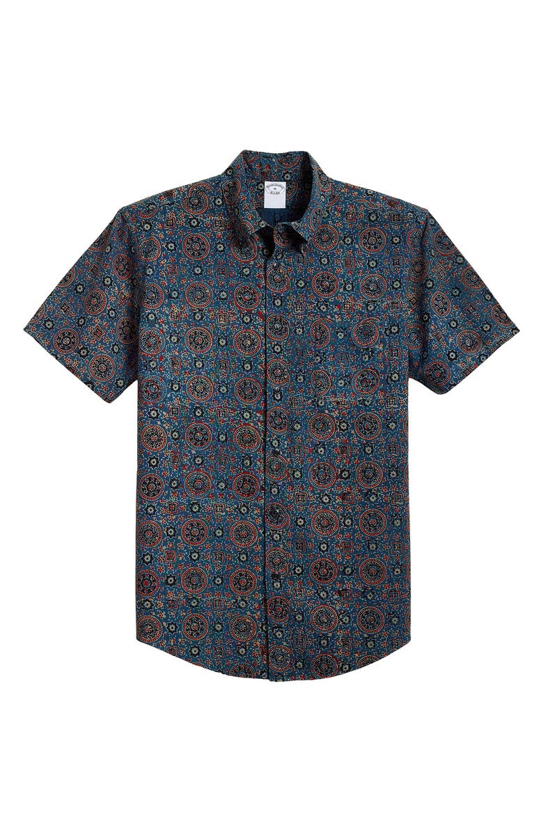 Brooks Brothers Medallion Print Short Sleeve Cotton Button-Down Shirt, Alternate, color, Bluespice