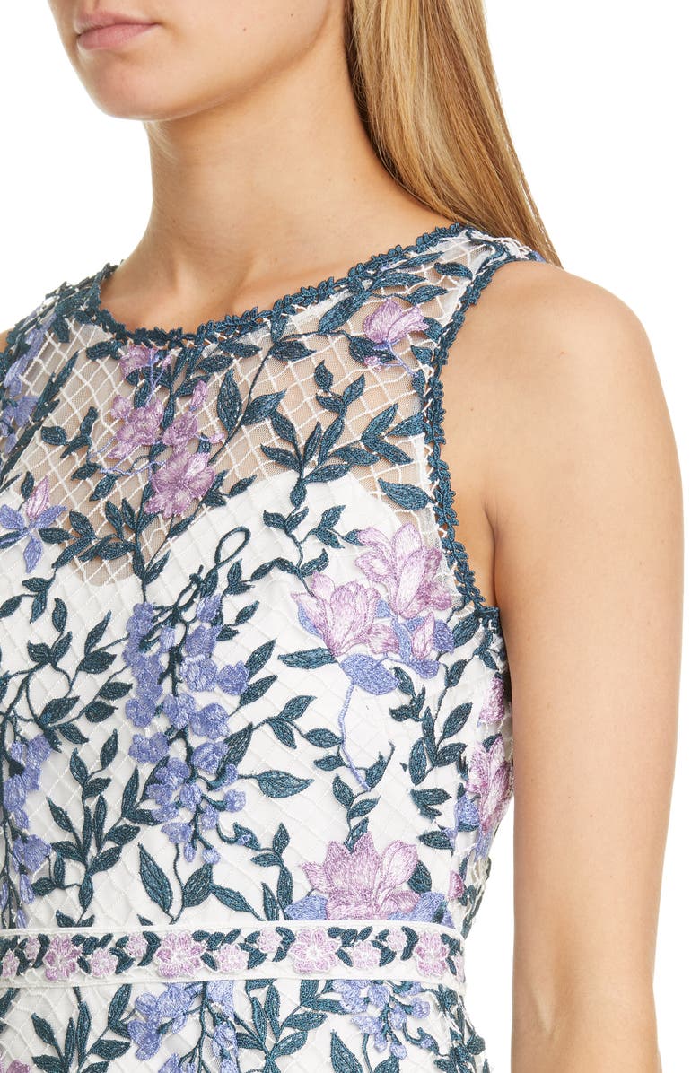 Marchesa Notte Floral Embroidery Midi Dress, Alternate, color,