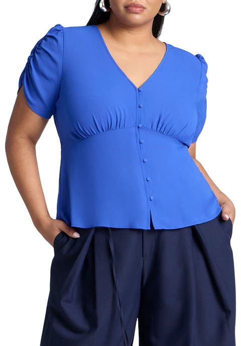 Shirred Sleeve Top With Buttons (Plus)