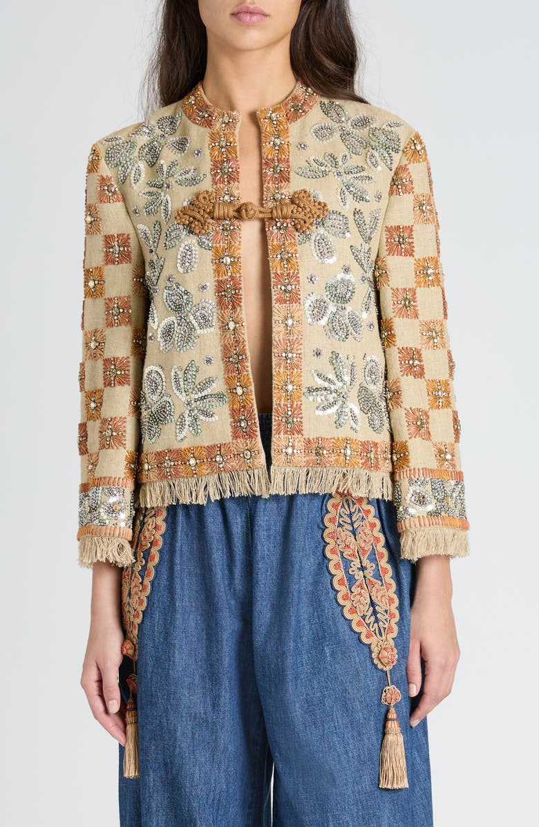 Valentino Garavani Embellished Linen Boxy Jacket, Main, color, Juta/ Multicolor
