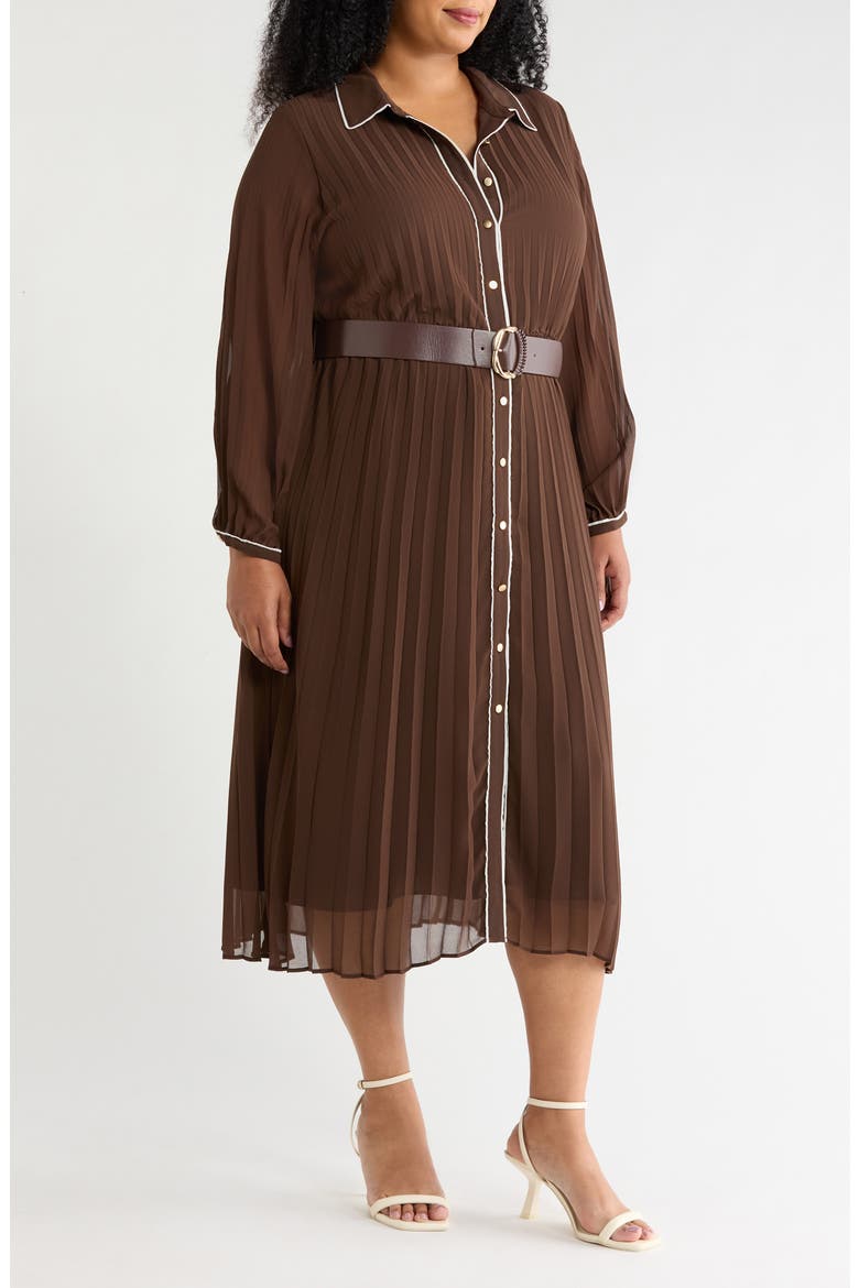 Piping Plissé Button-Up Midi Shirtdress, Alternate, color, RICH CHOCOLATE