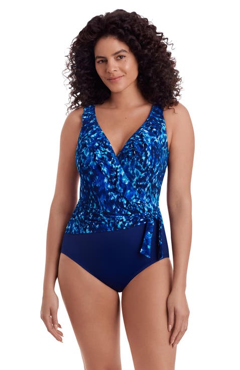 Ruffle Front Sash Surplice Long Torso One-Piece Swimsuit