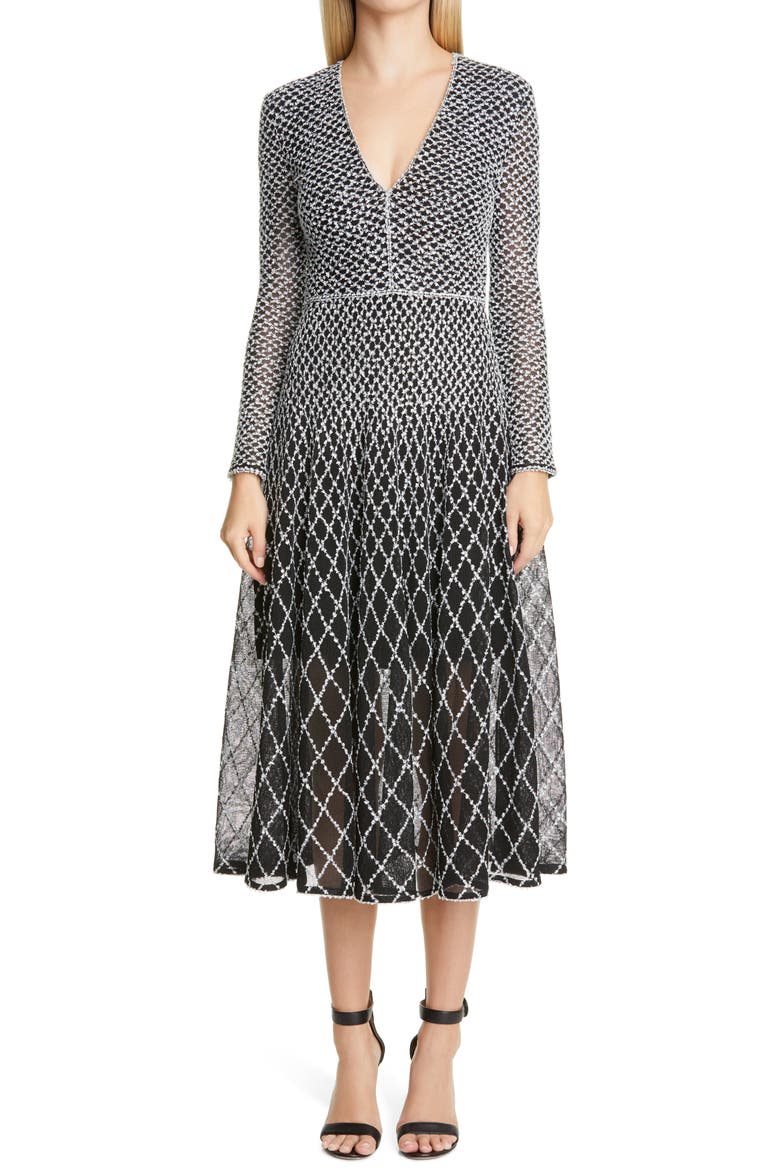 ST. JOHN Long Sleeve Diamond Knit Fit & Flare Midi Dress, Main, color, CAVIAR/ WHITE/ SILVER METALLIC