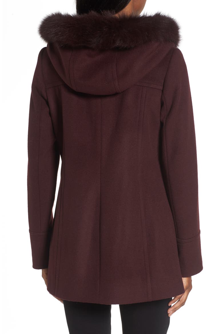 Hooded Wool Blend Coat with Genuine Fox Fur Trim, Alternate, color, BURGUNDY
