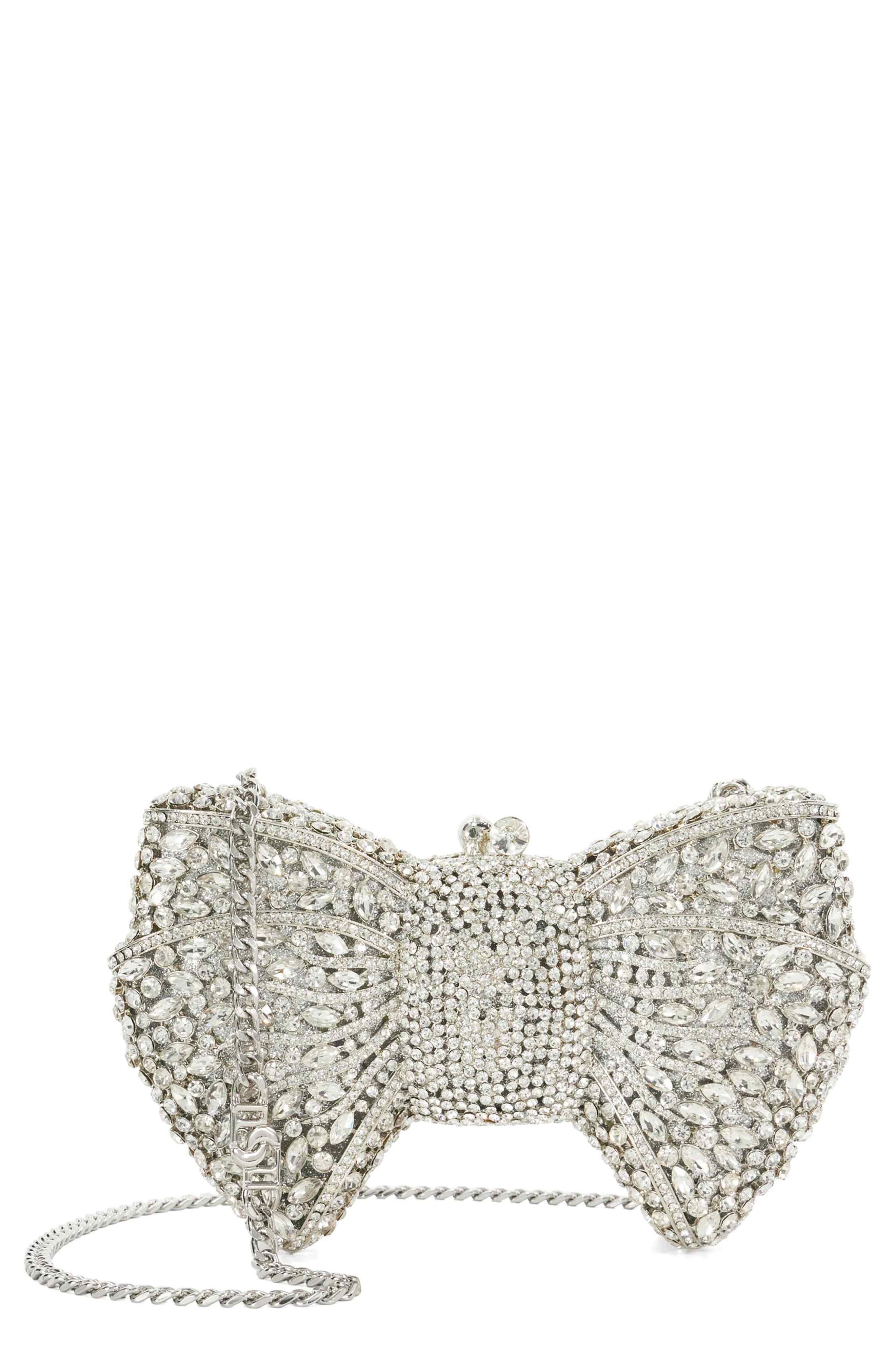 Enchant Crystal Bow Clutch, Main, color, SILVER