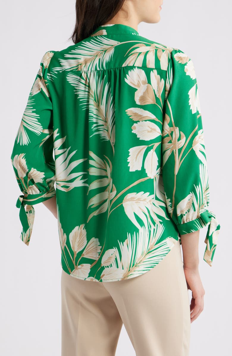 Anne Klein Palm Print Tie Cuff Crepe Top, Alternate, color,
