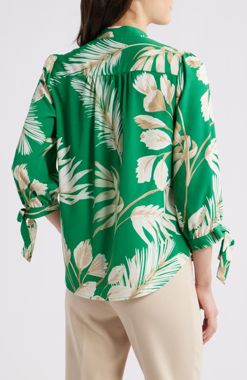 Anne Klein Palm Print Tie Cuff Crepe Top In Tropical Green Multi
