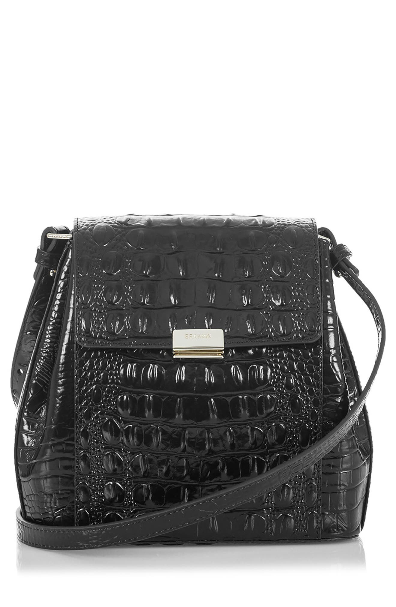 Brahmin Margo Croc Embossed Leather Crossbody Bag, Main, color, Black