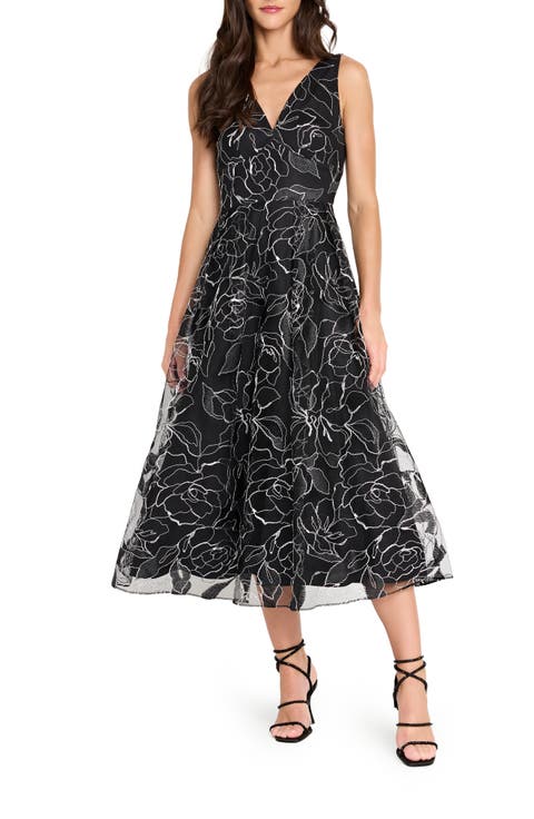 Metallic Soutache Floral Lace Cocktail Midi Dress