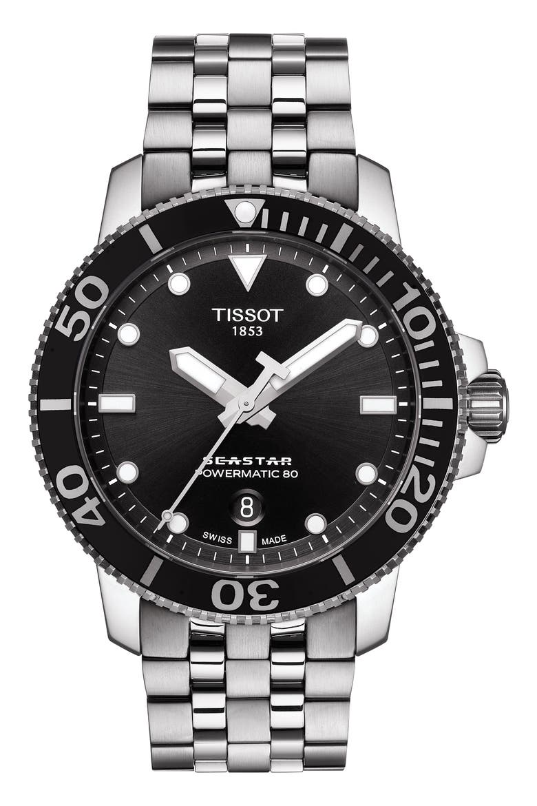 Seastar 1000 Powermatic 80 Bracelet Watch, 43mm, Main, color, SILVER/ BLACK/ SILVER