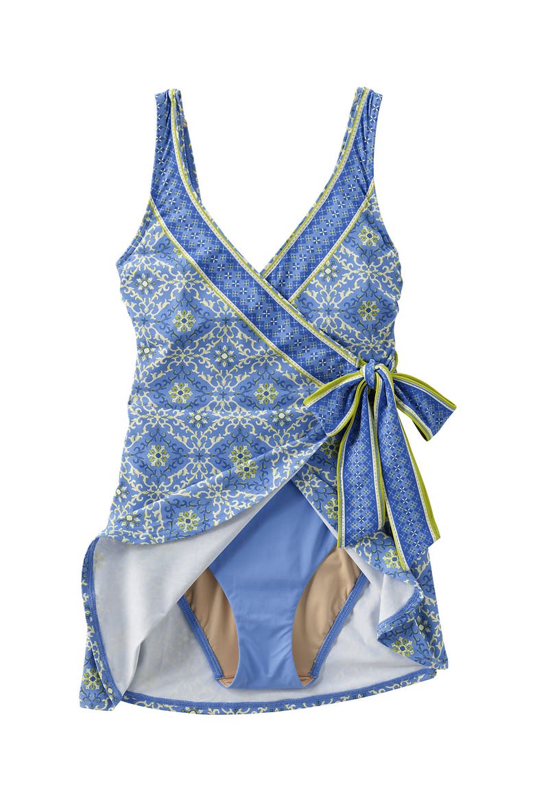 Side Tie Mini Swim Dress Swimsuit, Alternate, color, Lake Blue/Geo Floral Border