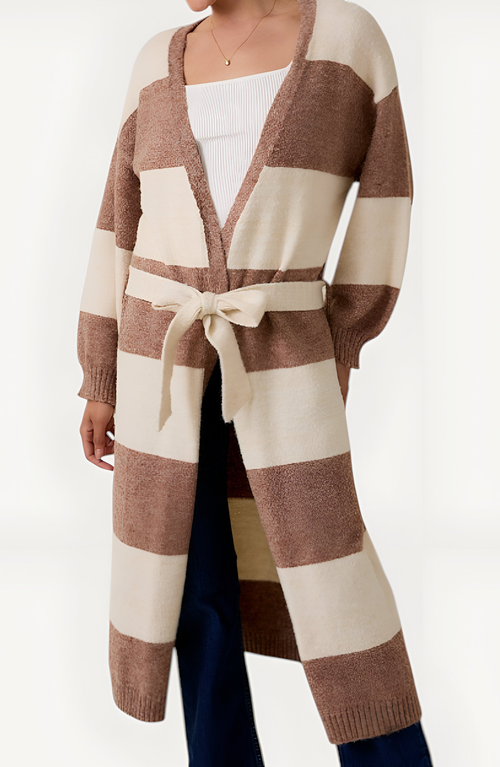 Modenaire Stripe Belted Long Cardigan With Open Front And Ribbed Cuffs In Brown
