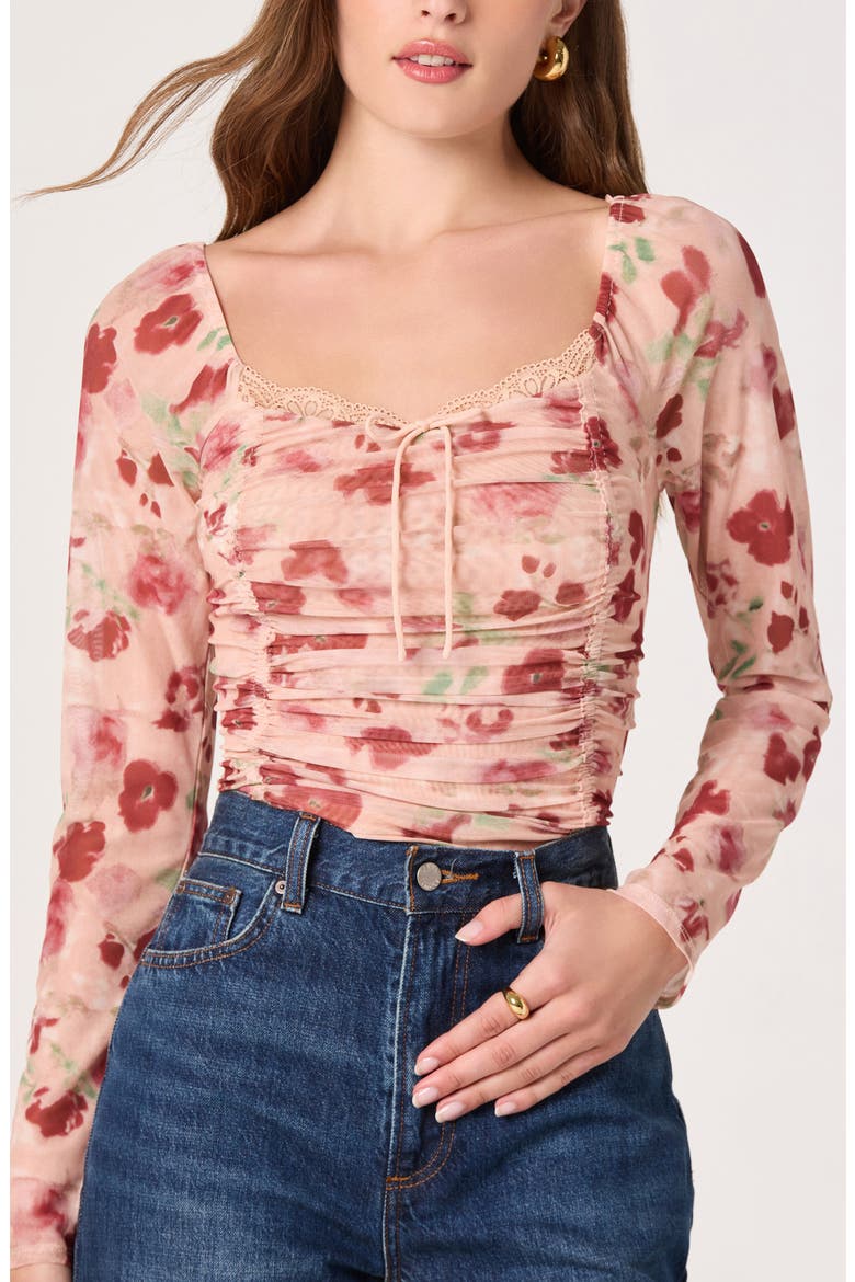 Lace Trim Long Sleeve Ruched Mesh Top, Alternate, color, BEIGE FLORAL