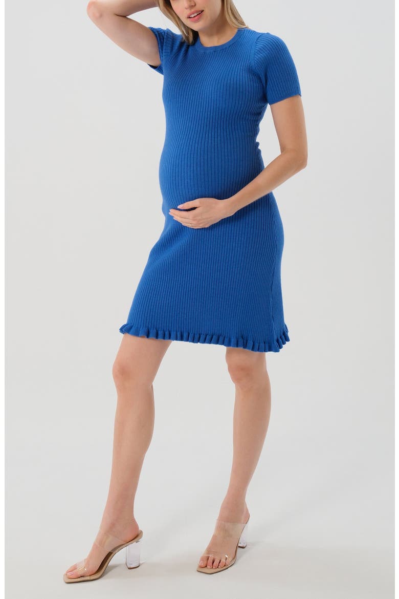 Women's Short Sleeve Knit Maternity Knee Length Sweater Dress with Hem Detail, Alternate, color, Blue