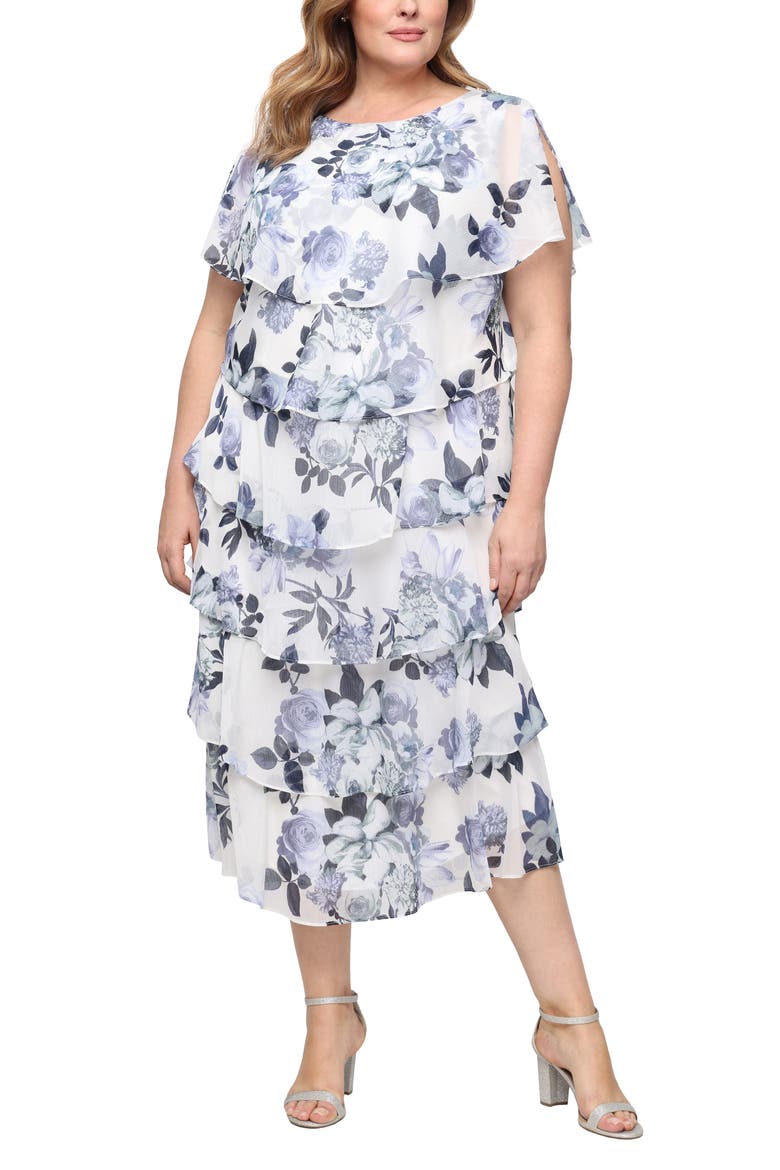 Floral Capelet Tiered Midi Dress, Main, color, IVORY/ BLUE