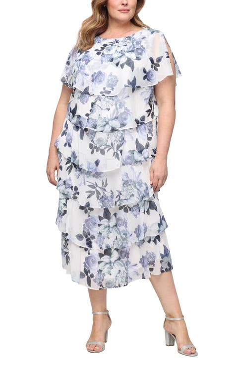 Floral Capelet Tiered Midi Dress (Plus)