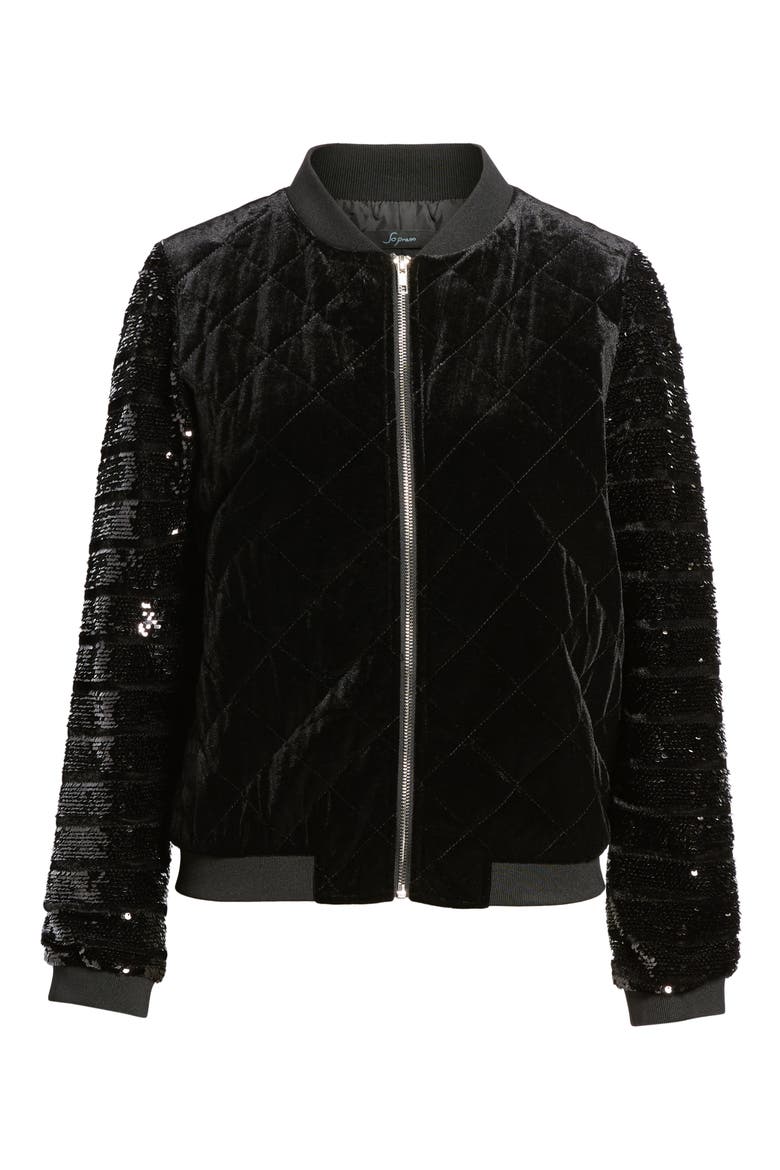 Quilted Sequin & Velvet Bomber, Alternate, color, BLACK