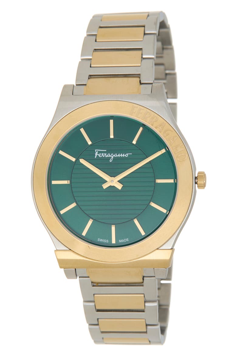 Gancini Two-Tone Bracelet Watch, 44mm, Main, color, GREEN/ TWO TONE