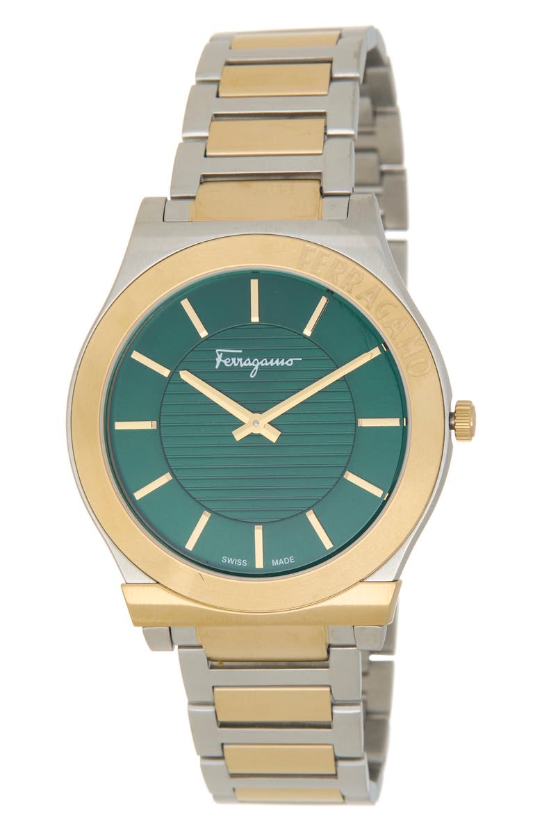 FERRAGAMO Gancini Two-Tone Bracelet Watch, 44mm, Main, color, Green/ Two Tone