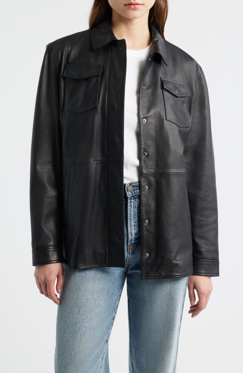 Frye Leather Shirt Jacket, Main, color, Black