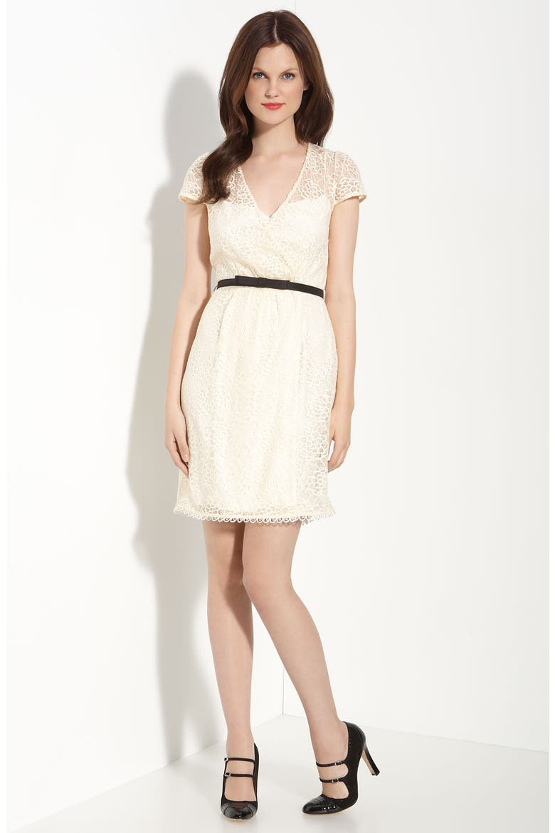 'Emilie' Floral Lace Faux Wrap Dress, Main, color, IVORY