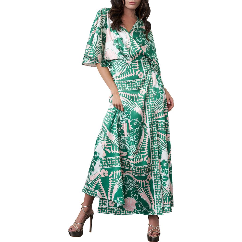 Ciebon Claudie Flutter Sleeve Satin Wrap Dress In Green