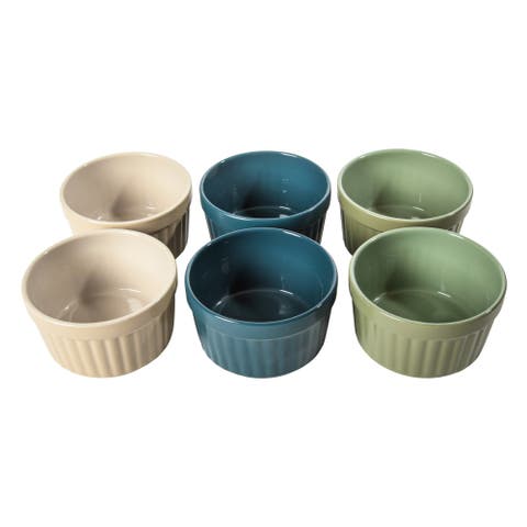 Thornburg 6 Pack 14 Oz Stoneware Ramekins, Ribbed Oven Safe Baking Dishes, Assorted Colors