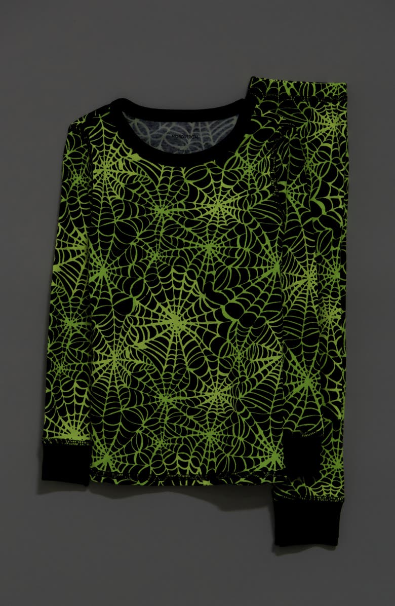 Nordstrom Kids' Glow in the Dark Fitted Two-Piece Pajamas, Alternate, color, Black- Black Glow Web