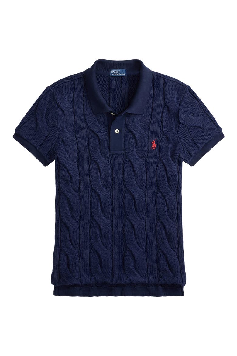 Cotton Cable Knit Polo, Alternate, color, NEWPORT NAVY