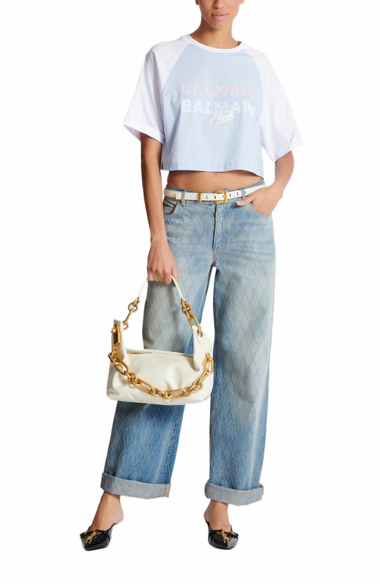 Balmain Cropped T-Shirt With Balmain Paris Print, Alternate, color, Blue