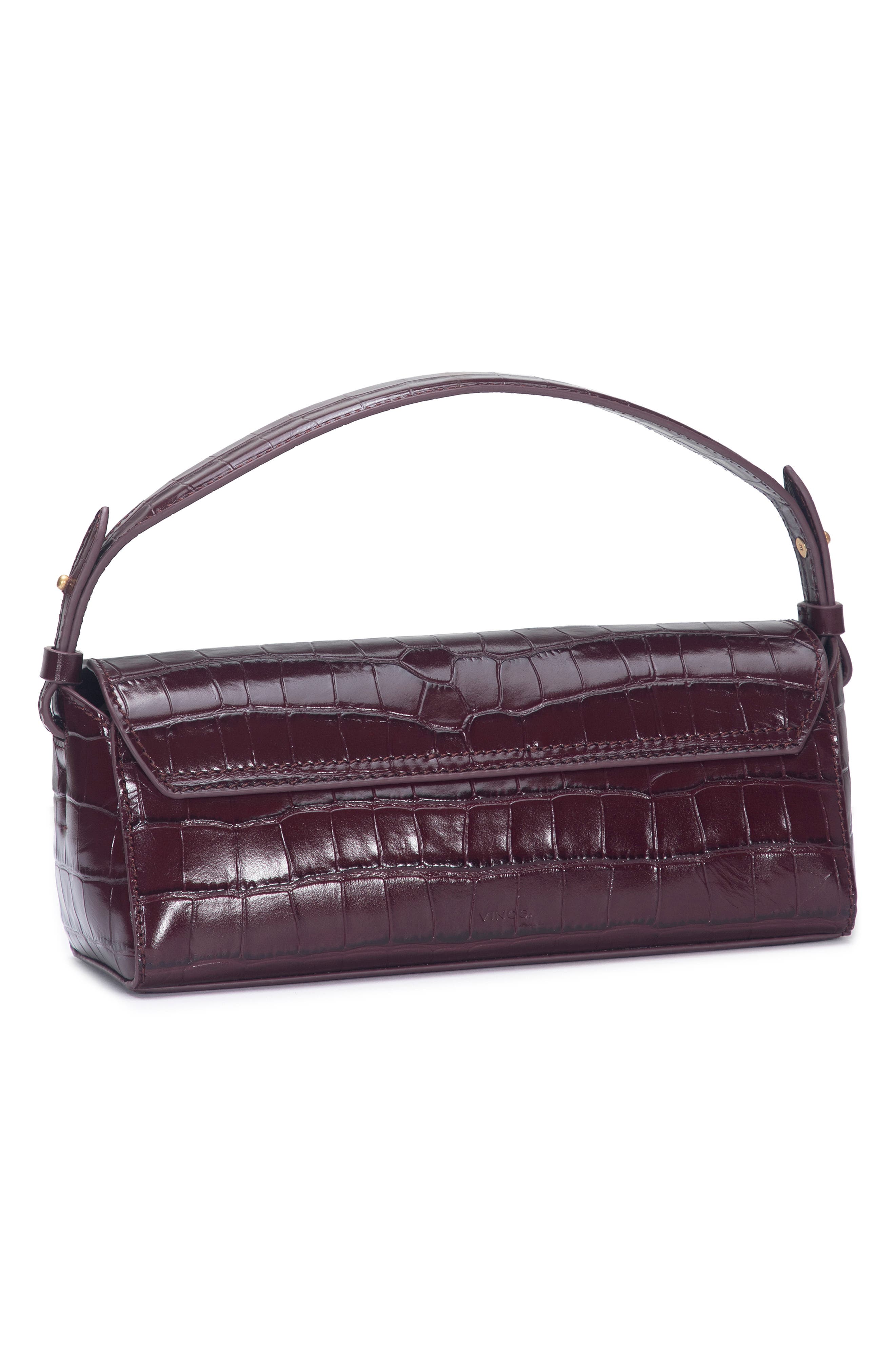 Mini Sabrina Croc Embossed Leather Top Handle Bag, Alternate, color, BORDEAUX