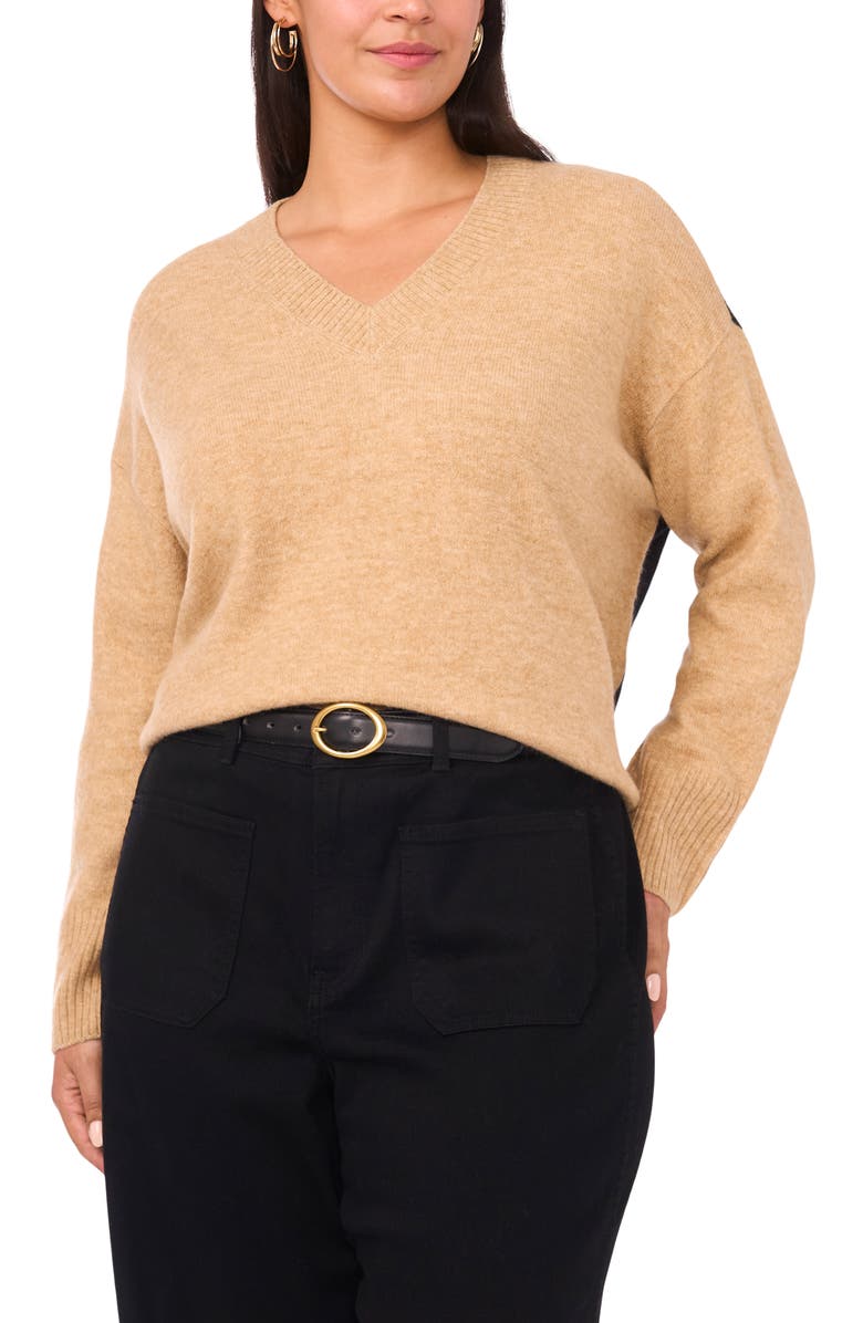 Vince Camuto Colorblock V-Neck Sweater, Main, color, Latte Heather