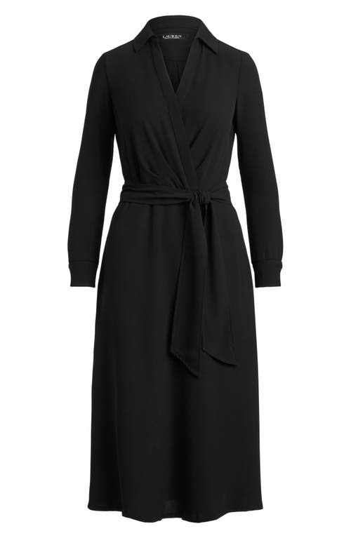 Ralph Lauren Lauren  Surplice Long Sleeve Georgette Midi Shirtdress In Black