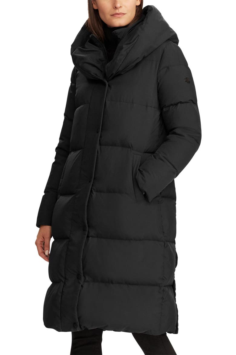 Pillow Collar Hooded Down & Feather Puffer Coat, Main, color, BLACK