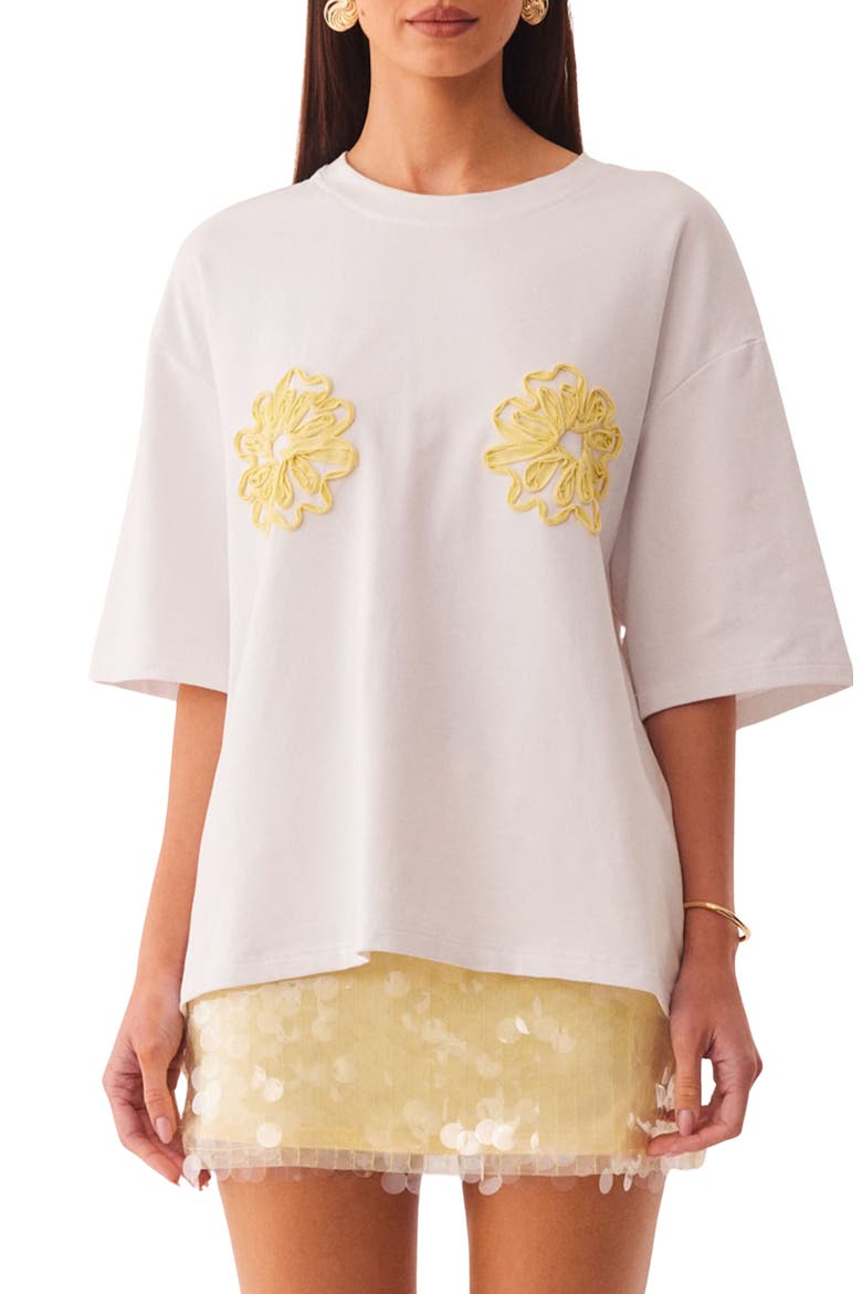 Mai Tai Cord Embellished Floral Stretch Cotton T-Shirt, Main, color, YELLOW FLORAL