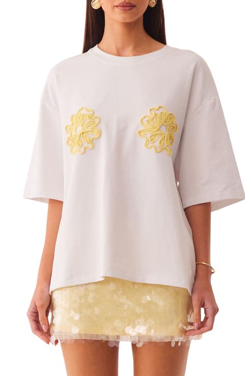 Mai Tai Cord Embellished Floral Stretch Cotton T-Shirt