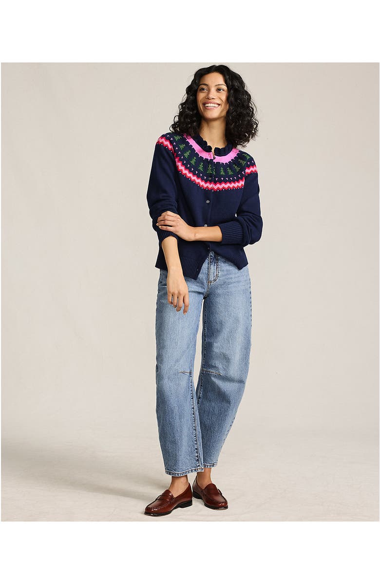 Lands' End Drifter Lurex Ruffle Neck Jacquard Cardigan Sweater, Alternate, color, Christmas Trees/Navy