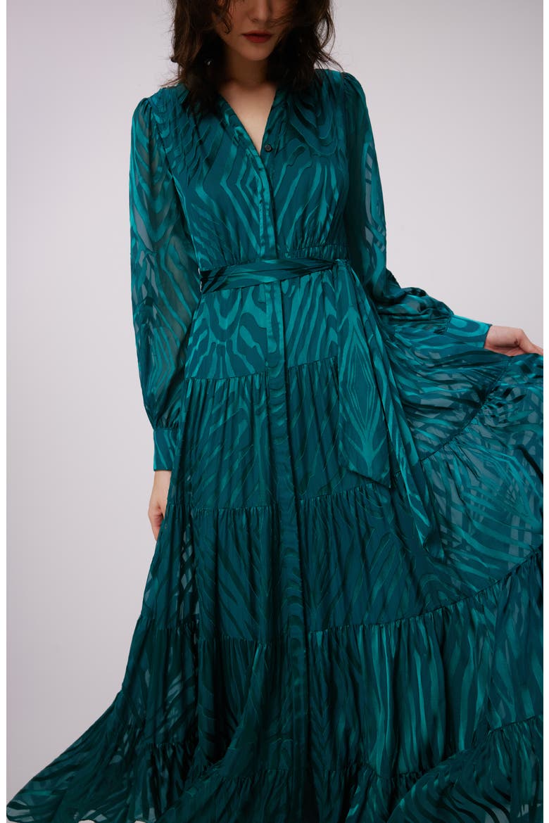 Downing Zebra Stripe Jacquard Long Sleeve Chiffon Maxi Dress, Alternate, color, ZEBRA INDIAN GREEN LG