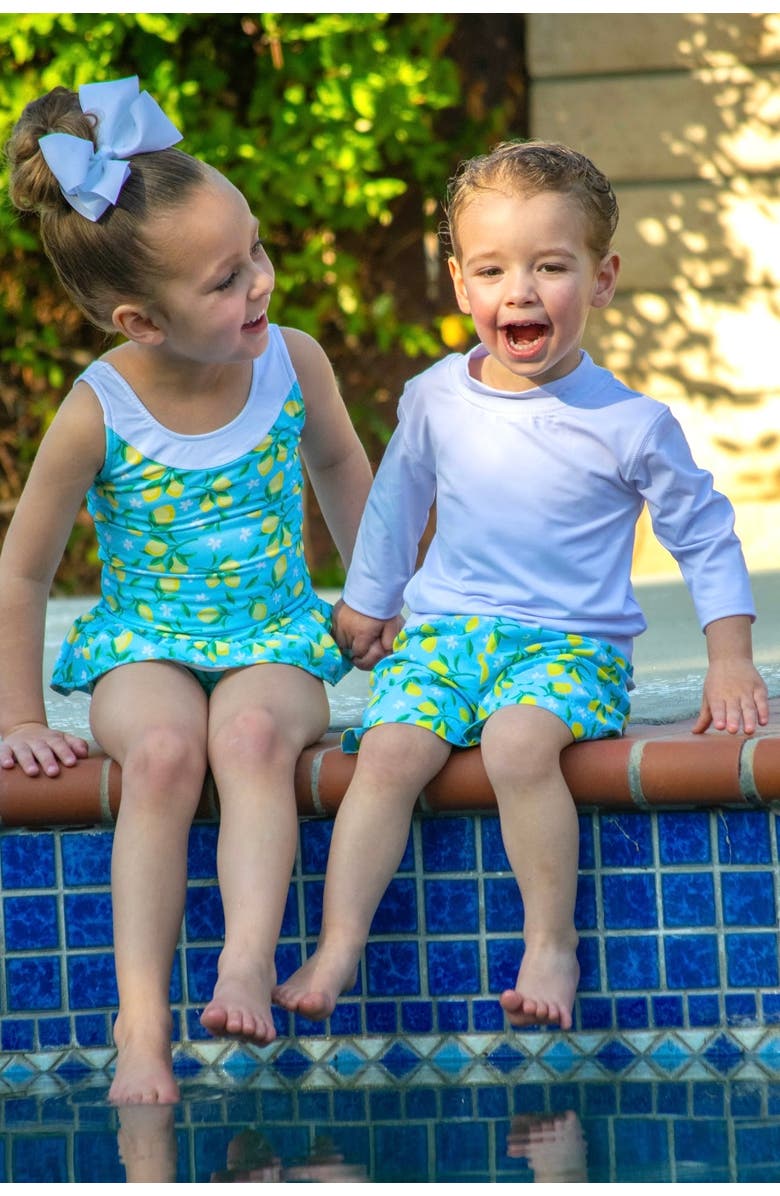 Florence Eiseman Lemon Print Swim Trunk, Alternate, color, Blue / Yellow