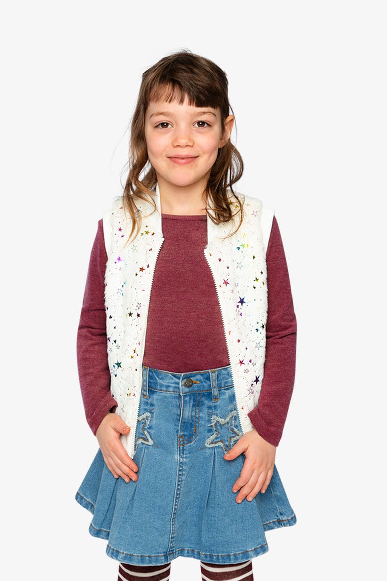 Faux Fur Sleeveless Star Pattern Front Zipper Vest, Alternate, color, Multicolored Stars
