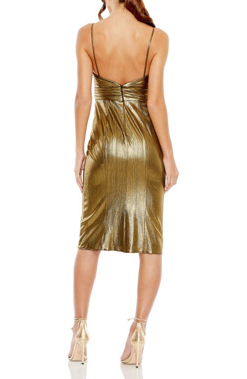 Mac Duggal Metallic Draped V Neck Midi Dress In Brown