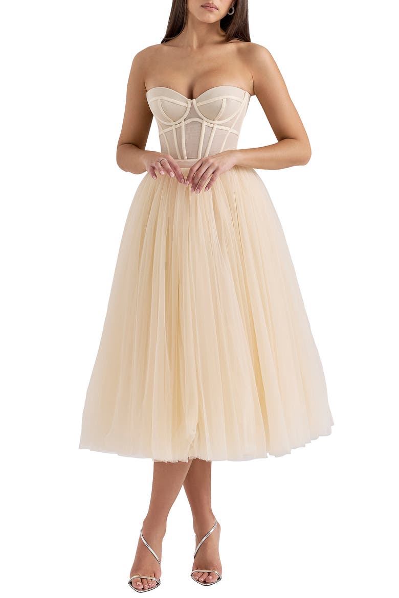 tulle corset midi dress Off-Shoulder Printed Euro Tulle Corset Midi Dress